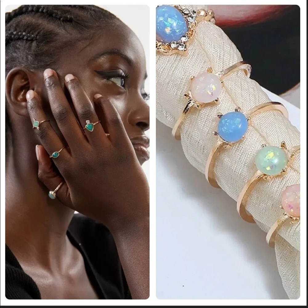 Opal Rhinestone Multicolored Pastel Stackable Rings - Picture 2 of 9